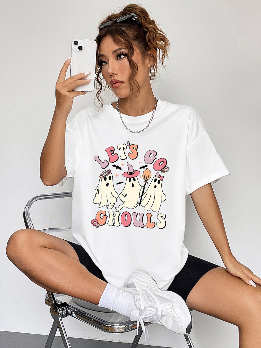 Trendsi White / S Round Neck Short Sleeve LET'S GO GHOULS Graphic T-Shirt