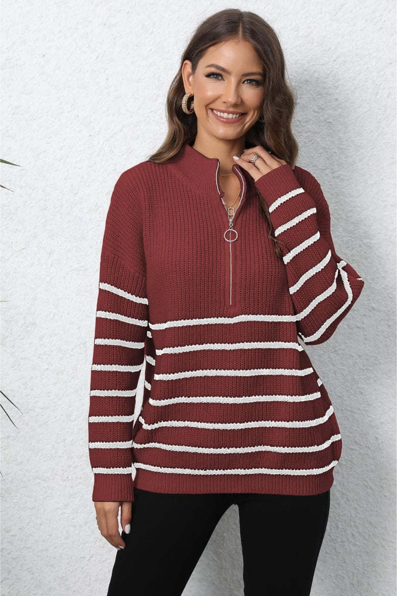 Trendsi Wine / One Size Mock Neck Long Sleeve Zip-Up Sweater