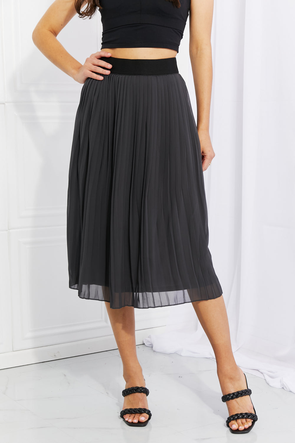 Zenana Skirts Dark Gray / S Zenana Full Size Romantic At Heart Pleated Chiffon Midi Skirt