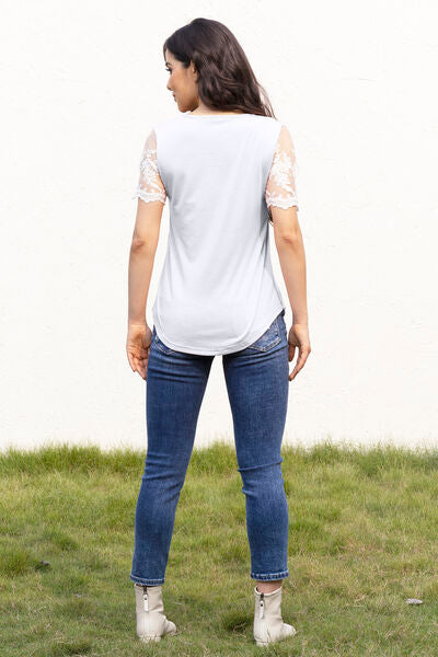 Square Neck Lace Short Sleeve T-Shirt