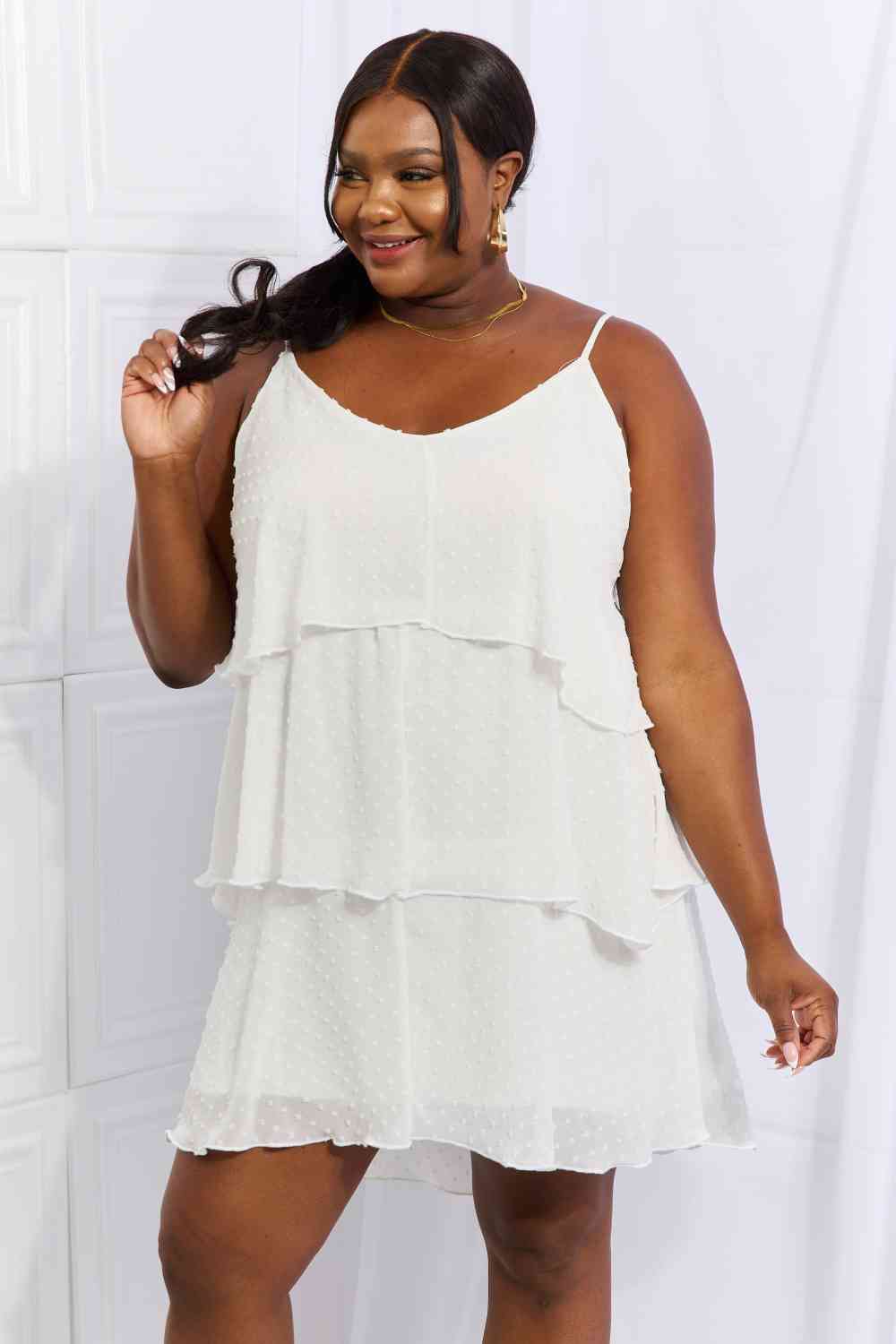 By The River Full Size Cascade Ruffle Style Cami Dress in Soft White