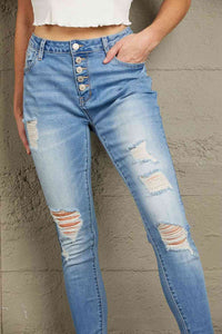 Button Front Frayed Ankle Skinny Jeans