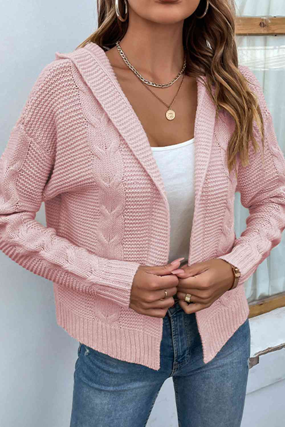 Cable-Knit Dropped Shoulder Hooded Cardigan