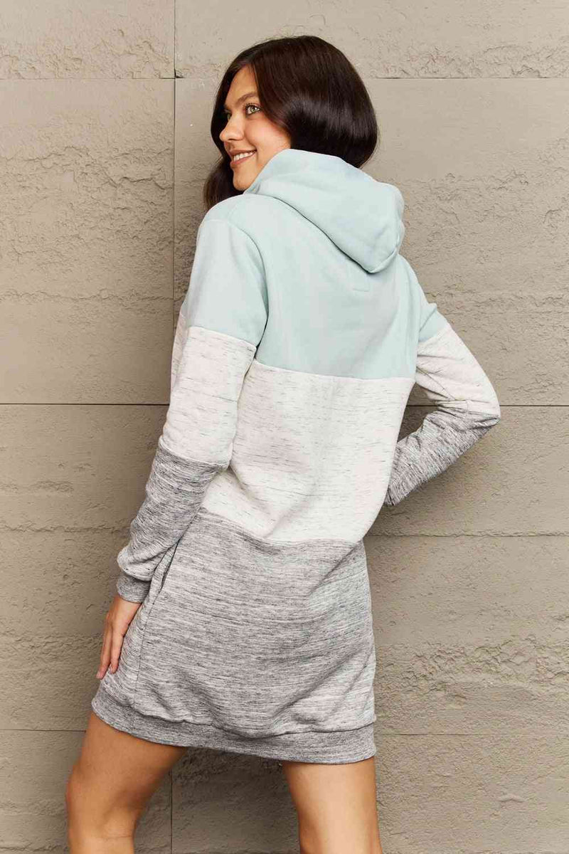 Full Size Color Block Dropped Shoulder Hooded Mini Dress