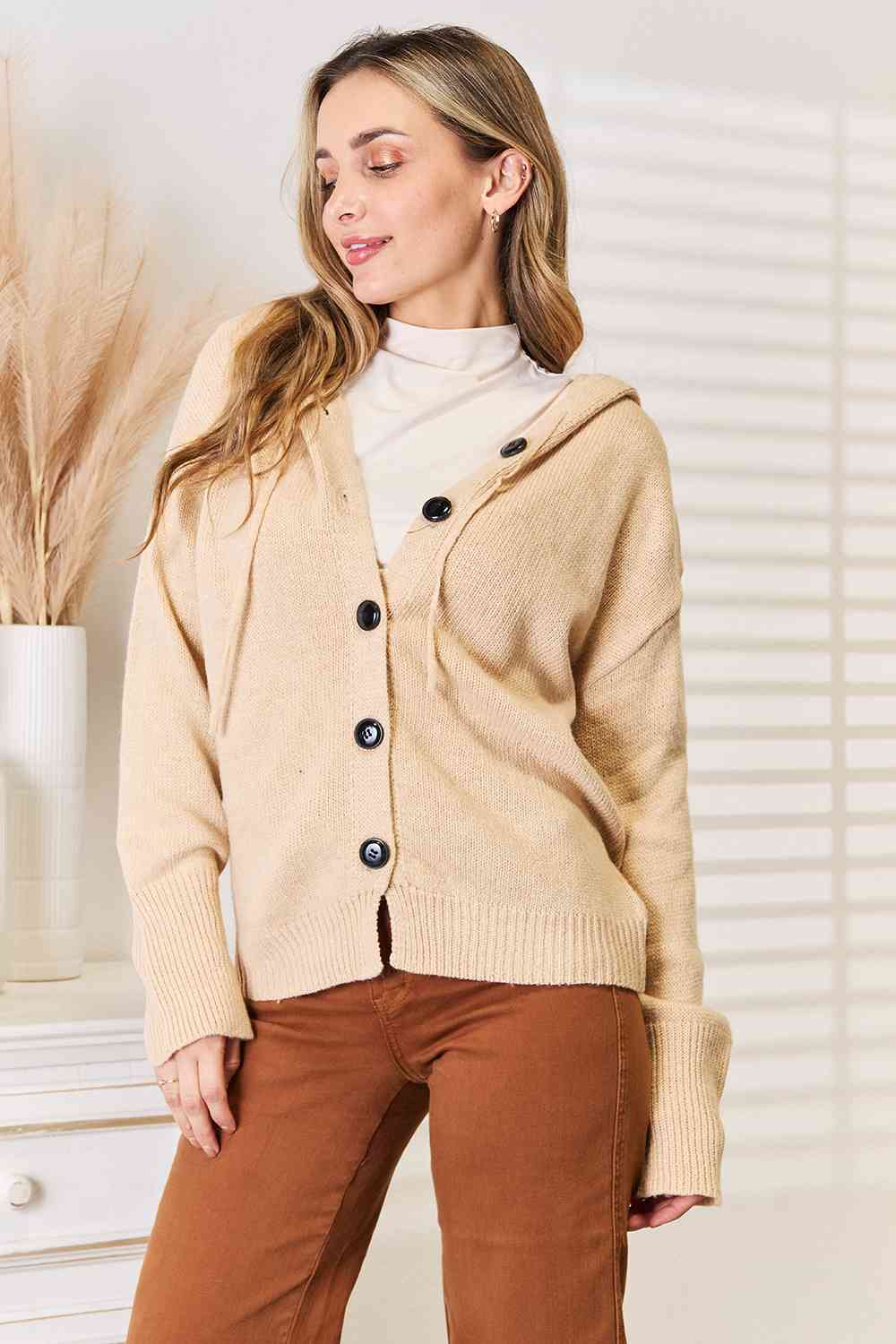 Button-Down Long Sleeve Hooded Sweater