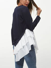 Tiered Contrast Round Neck Long Sleeve T-Shirt