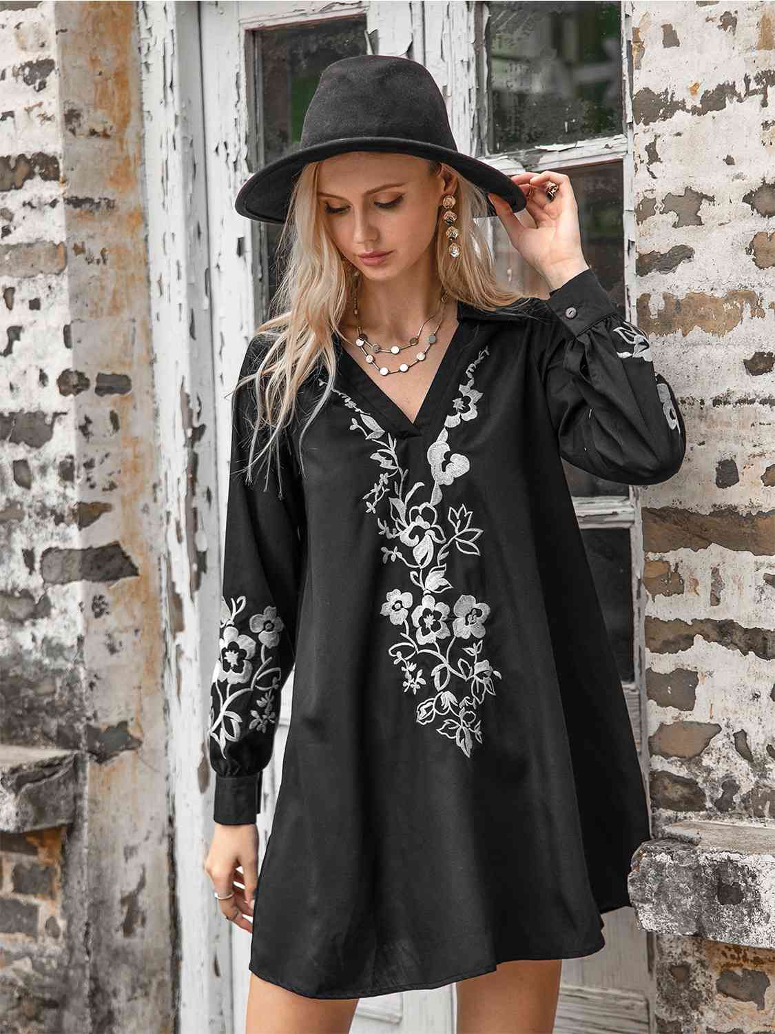 Floral Collared Neck Long Sleeve Dress