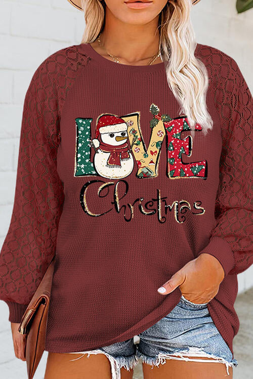 Plus Size Graphic Waffle-Knit Lace Long Sleeve Sweatshirt