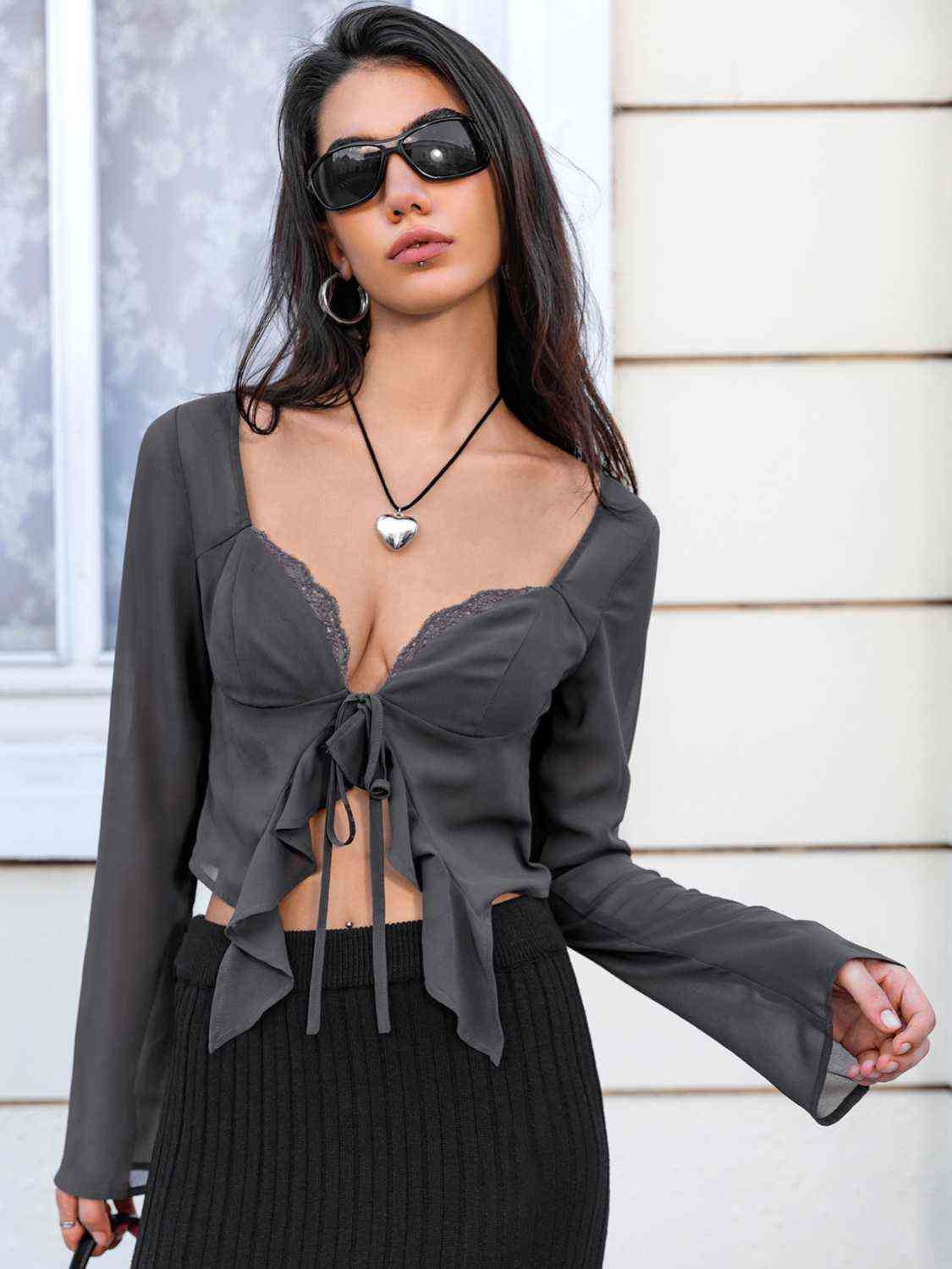 Tie Front Sweetheart Neck Blouses