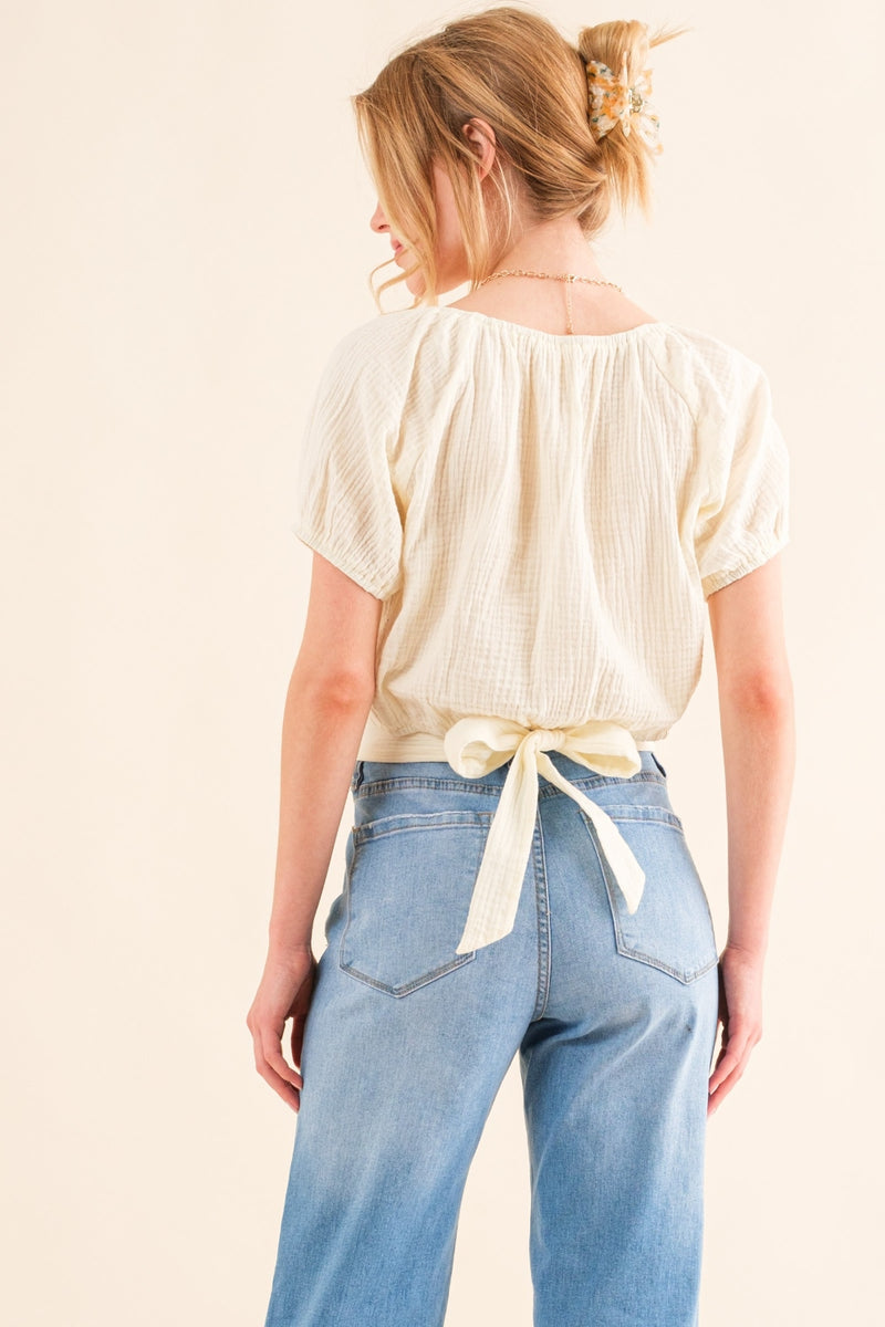 Back Waist Tie Cropped Blouse