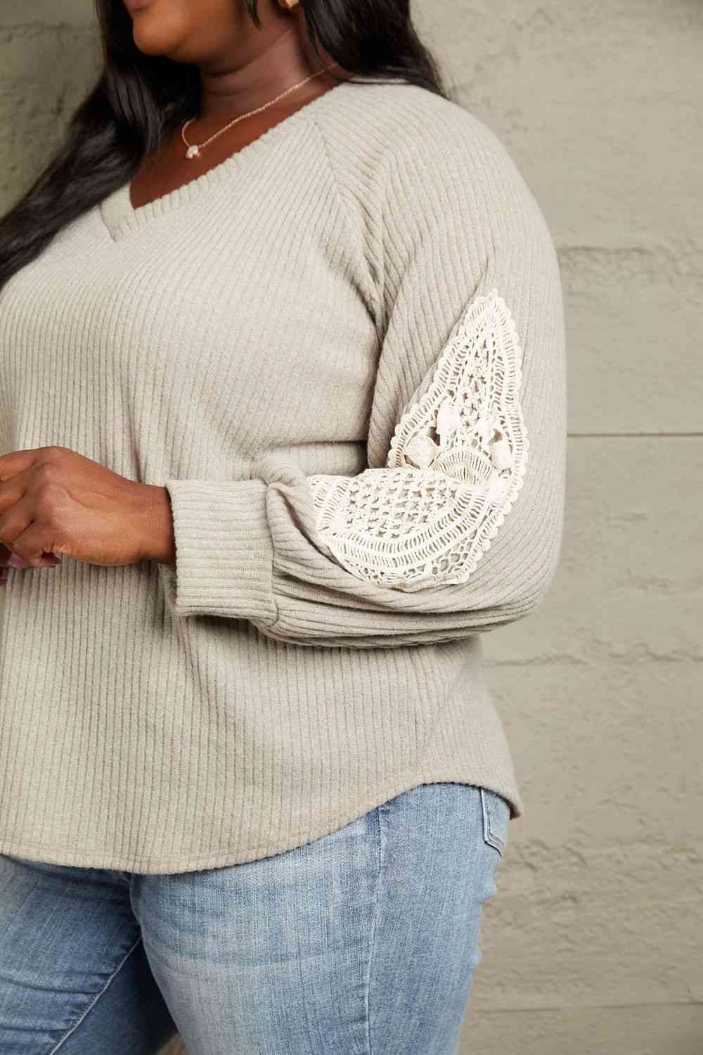 Full Size Lace Patch Detail Sweater