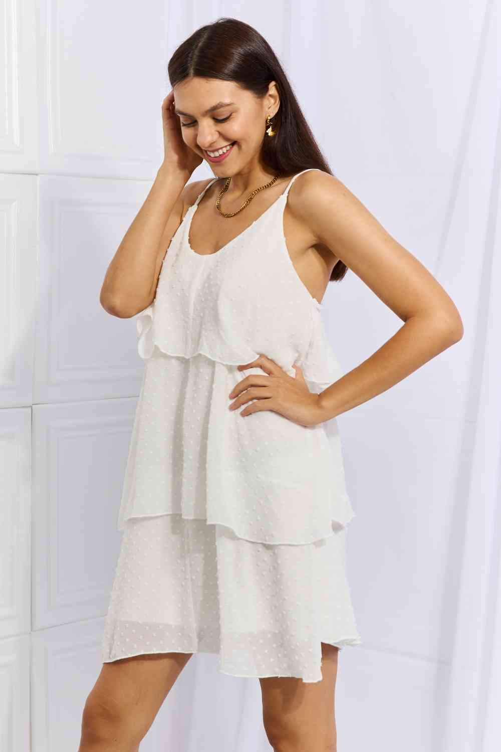 By The River Full Size Cascade Ruffle Style Cami Dress in Soft White