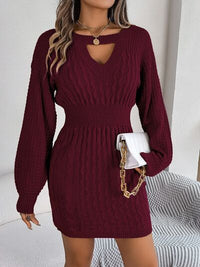 Cable-Knit Cutout Round Neck Slit Sweater