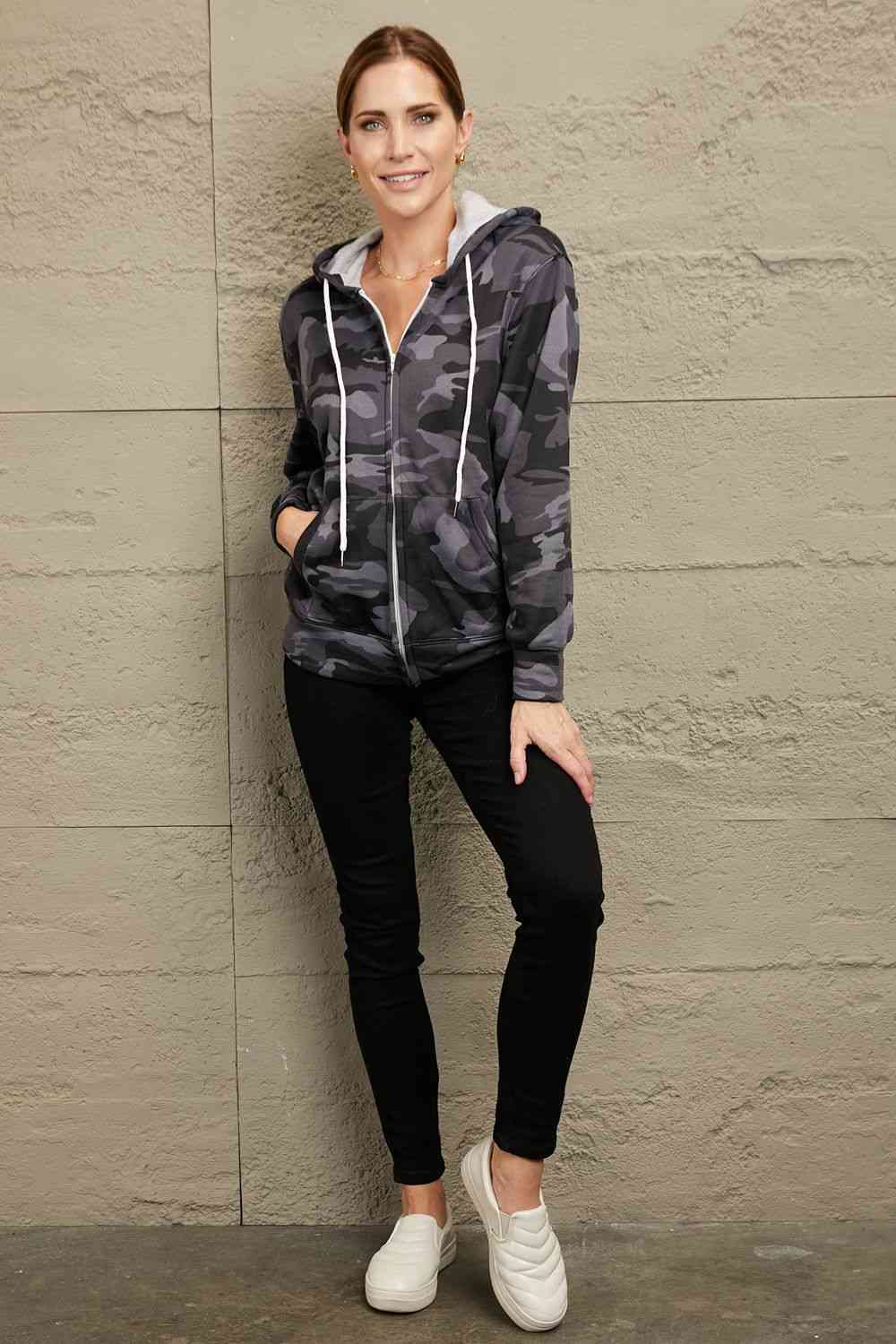 Camouflage Drawstring Detail Zip Up Hooded Jacket