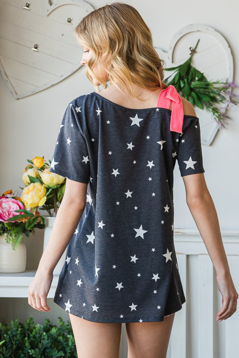 Full Size Star Print Asymmetrical Neck Short Sleeve Top