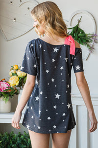 Full Size Star Print Asymmetrical Neck Short Sleeve Top