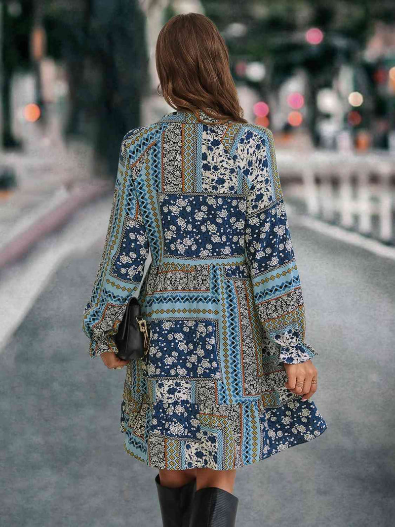 Printed Tie Front Flounce Sleeve Dress