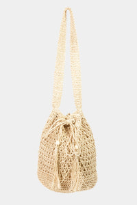 Straw Braided Drawstring Tote Bag with Tassel