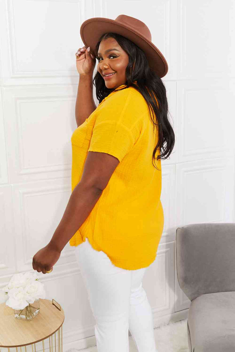 Full Size Summer Breeze Gauze Short Sleeve Shirt in Mustard