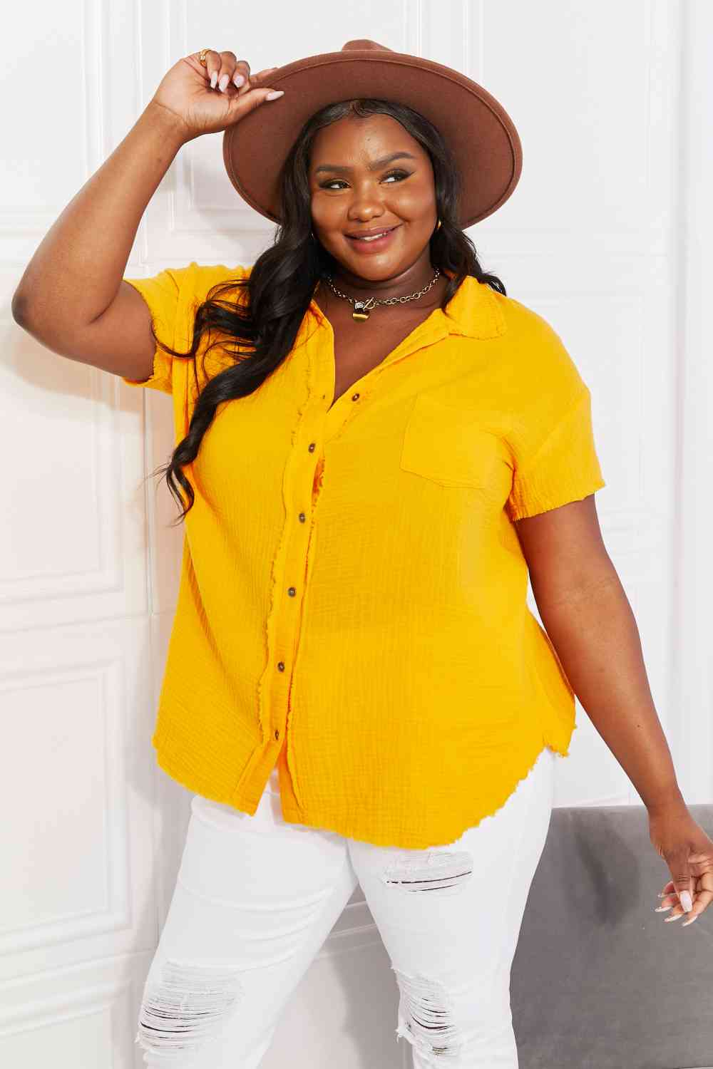 Full Size Summer Breeze Gauze Short Sleeve Shirt in Mustard