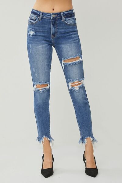 Distressed Frayed Hem Slim Jeans