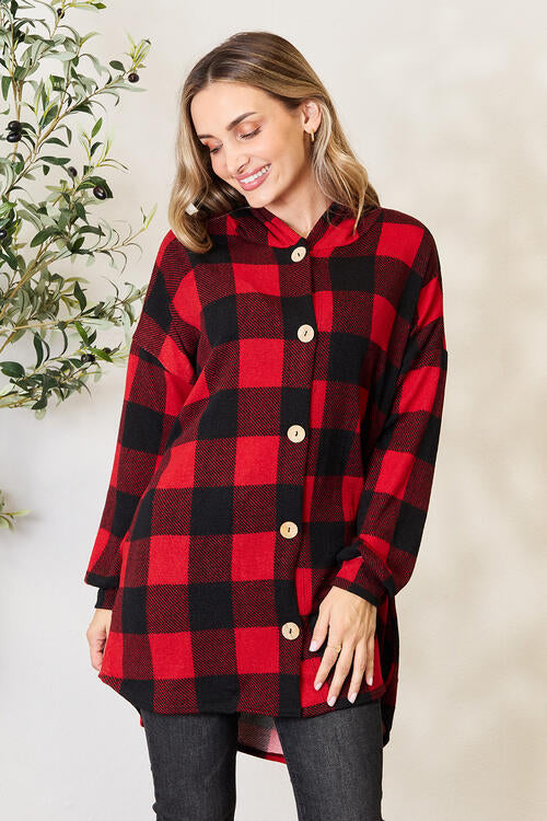 Full Size Plaid Button Front Hooded Shirt