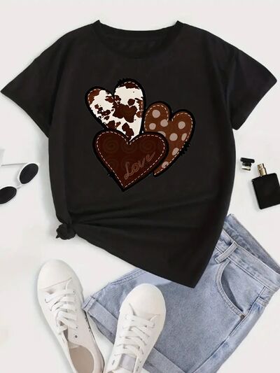 Heart Round Neck Short Sleeve T-Shirt Black