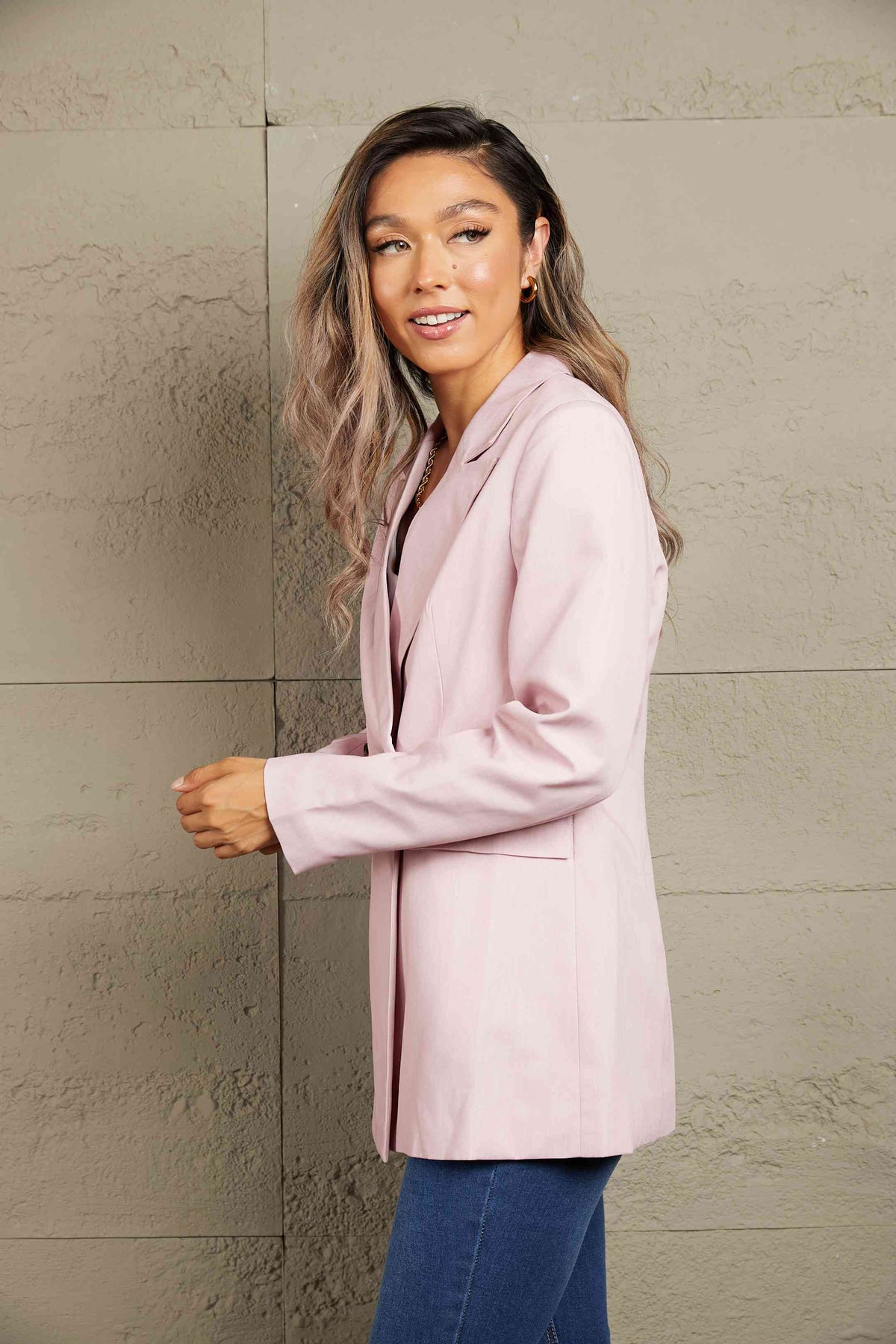 Double-Breasted Padded Shoulder Blazer with Pockets