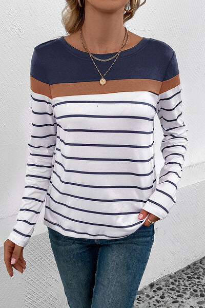 Striped Round Neck Long Sleeve T-Shirt Opaque