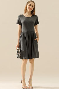 Full Size Round Neck Ruched Dress with Pockets