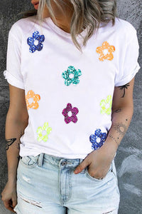 Sequin Flower Round Neck Short Sleeve T-Shirt