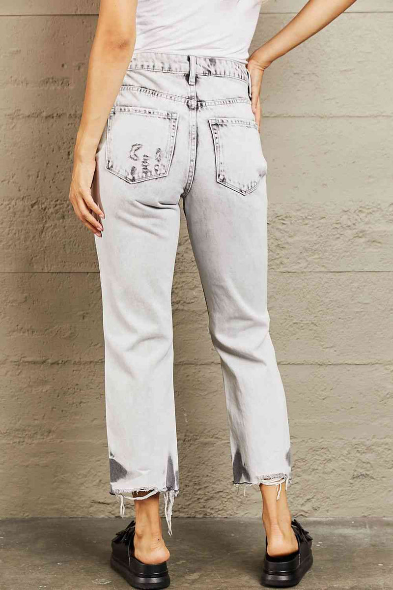 Acid Wash Accent Cropped Mom Jeans
