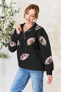 Full Size Sequin Football Half Zip Long Sleeve Sweatshirt