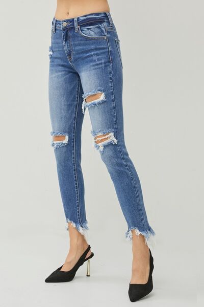 Distressed Frayed Hem Slim Jeans