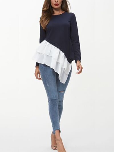 Tiered Contrast Round Neck Long Sleeve T-Shirt