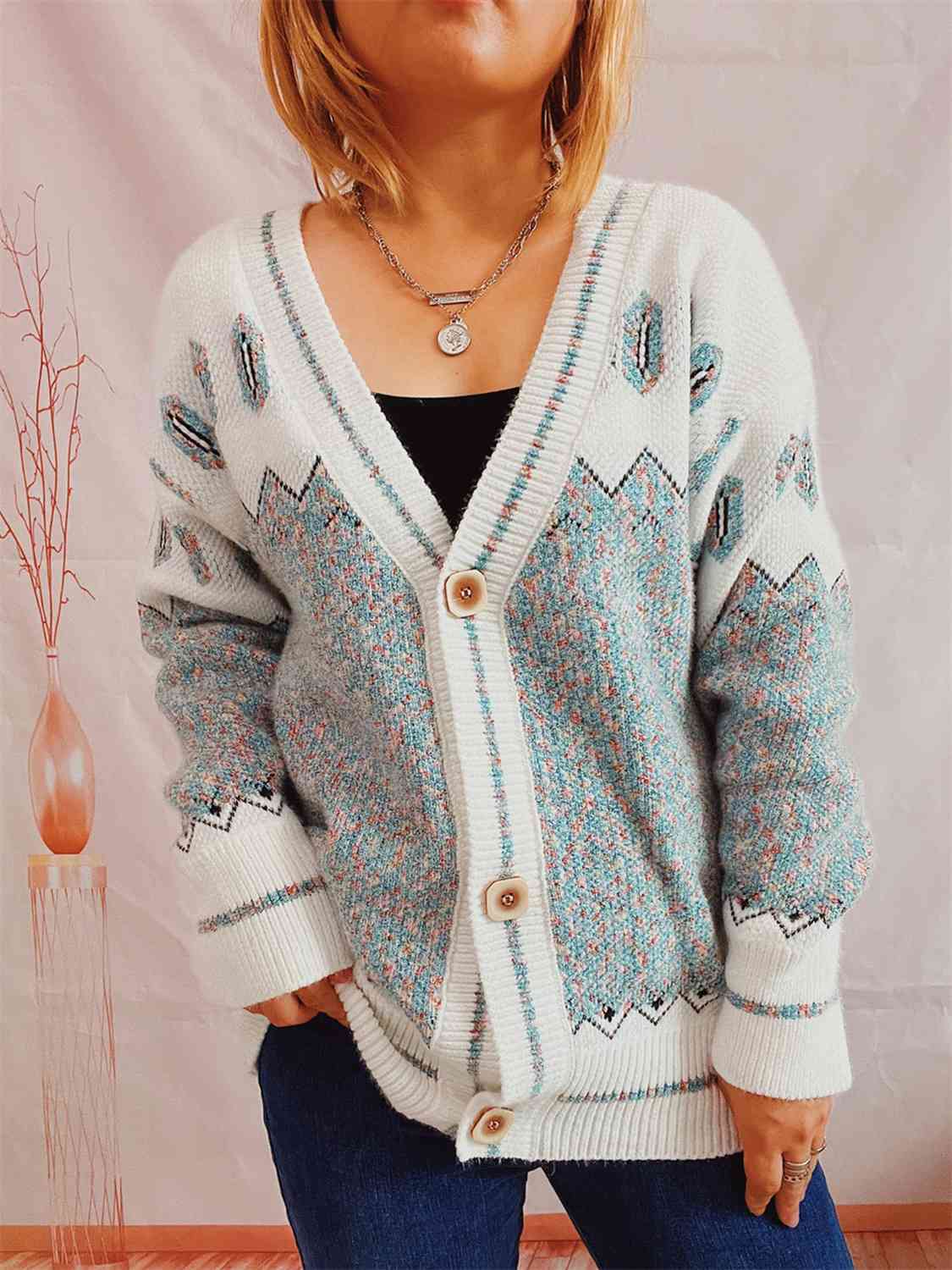 Geometric Button Front Long Sleeve Cardigan