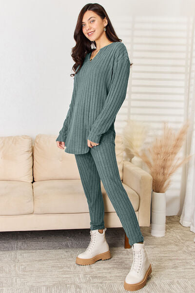 Full Size Notched Long Sleeve Top and Pants Set