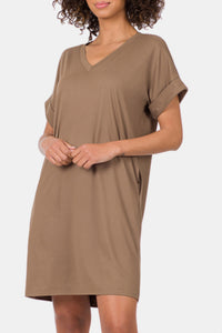 Rolled Short Sleeve V-Neck Dress