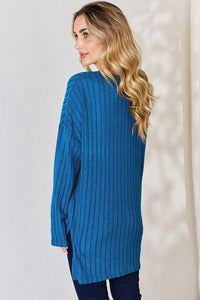 Full Size Ribbed Half Button Long Sleeve High-Low T-Shirt