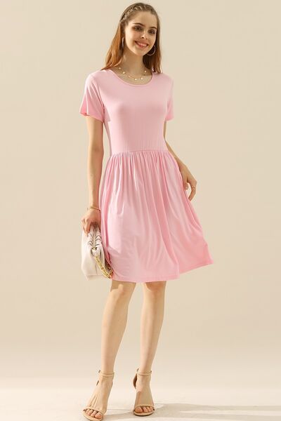 Full Size Round Neck Ruched Dress with Pockets