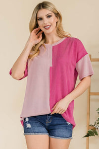 Full Size Ribbed Color Block Short Sleeve T-Shirt