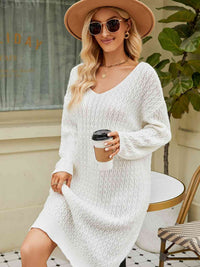 V-Neck Long Sleeve Sweater Dress