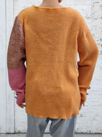 Color Block Decorative Button Long Sleeve Sweater