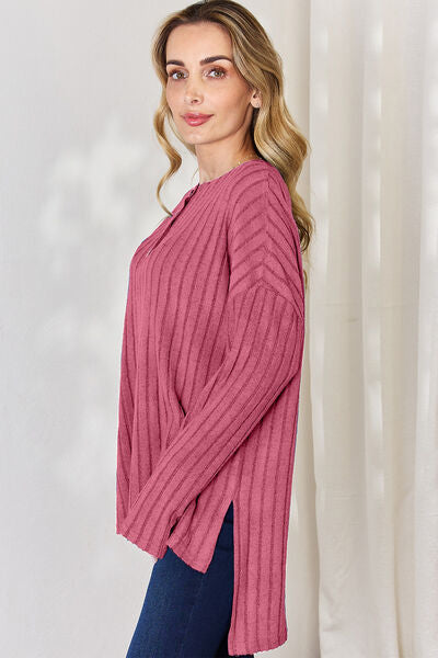 Full Size Ribbed Half Button Long Sleeve High-Low T-Shirt