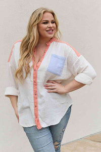 Full Size Color Block Woven Button Down Top