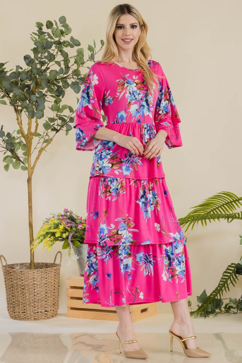 Full Size Floral Ruffle Tiered Midi Dress