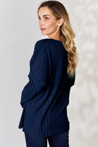 Full Size Ribbed Half Button Long Sleeve T-Shirt