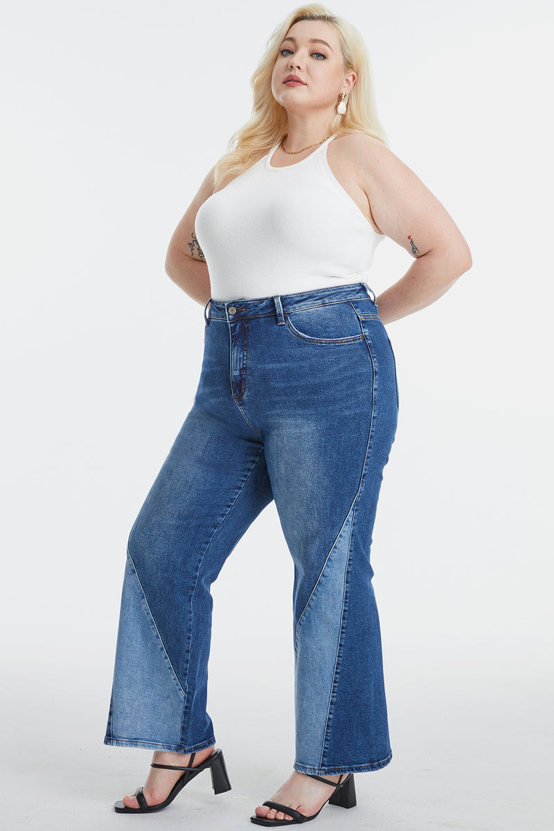 Full Size High Waist Two-Tones Patched Wide Leg Jeans