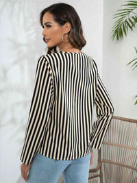 Striped Long Sleeve Notched Blouse