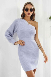 One Shoulder Raglan Sleeve Pencil Sweater Dress